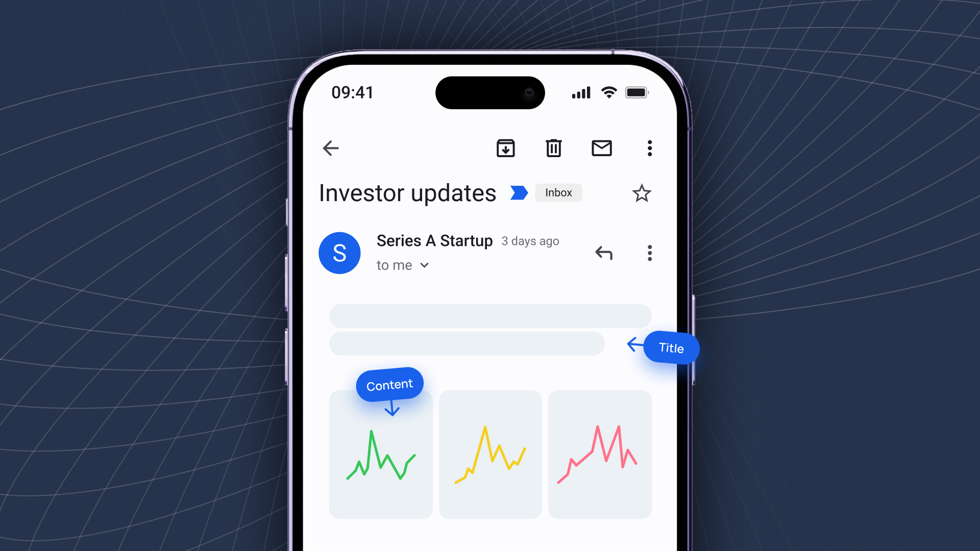 Annotated mockup of a Series A investor update email in an inbox view on a phone, with callouts highlighting the KPI chart takeaway line, the color-coded metric deltas, and phone-legible body typography.
