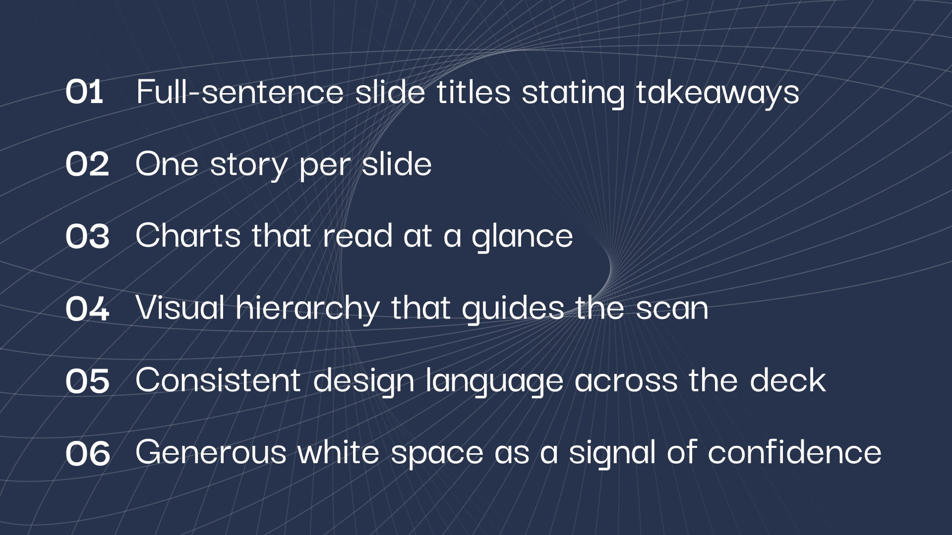 Numbered vertical diagram showing the six pattern-match design rules for executive presentation design: full-sentence slide titles, one story per slide, charts that read at a glance, visual hierarchy that guides the scan, consistent design language, and generous white space.
